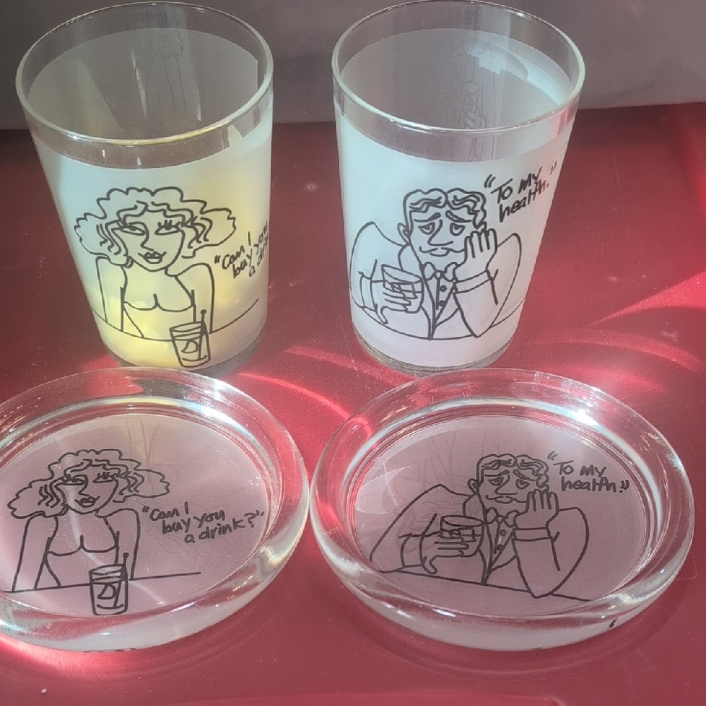 Set of Cartoon Glasses and Coasters